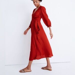 Madewell Linen Blend Ruffle Cuff Wrap Midi Dress
